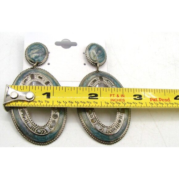 Silver Tone Western Concho Style Earrings Oval Blue Green Enamel Swirl Fashion - Picture 9 of 9